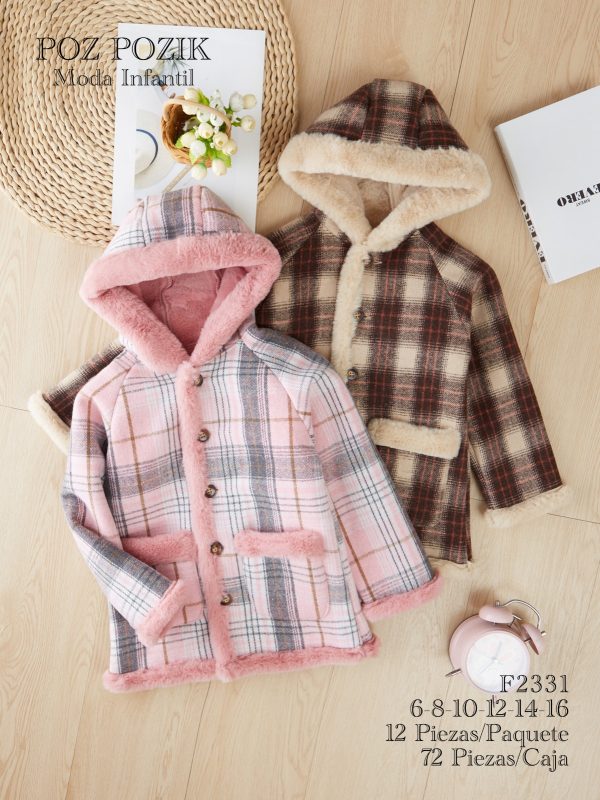 Abrigos de niña a cuadros con forro de borrego-F2331