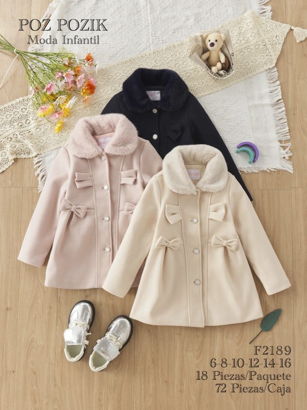 Abrigos para niña con moños y cuello de peluche-F2189