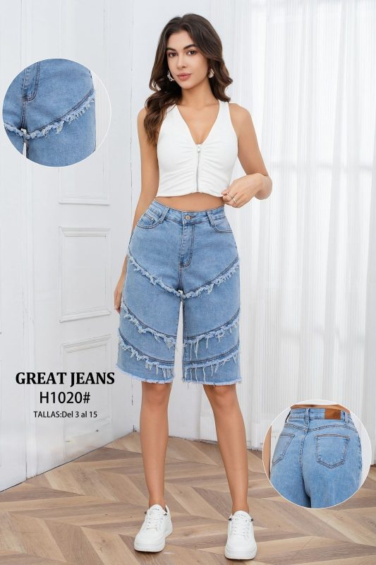 Bermudas de mezclilla con diseño de flecos-H1020