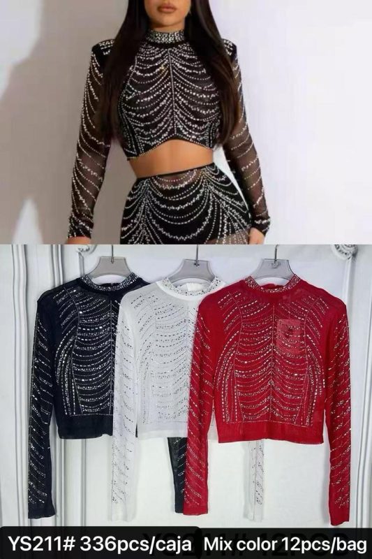 Conjunto crop top y falda con detalles brillantes-YS211