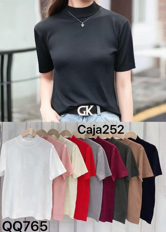 Blusa de manga corta con cuello alto-QQ765