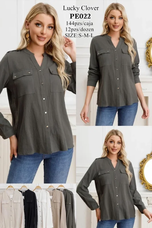 Blusa manga larga con bolsillos-PE022