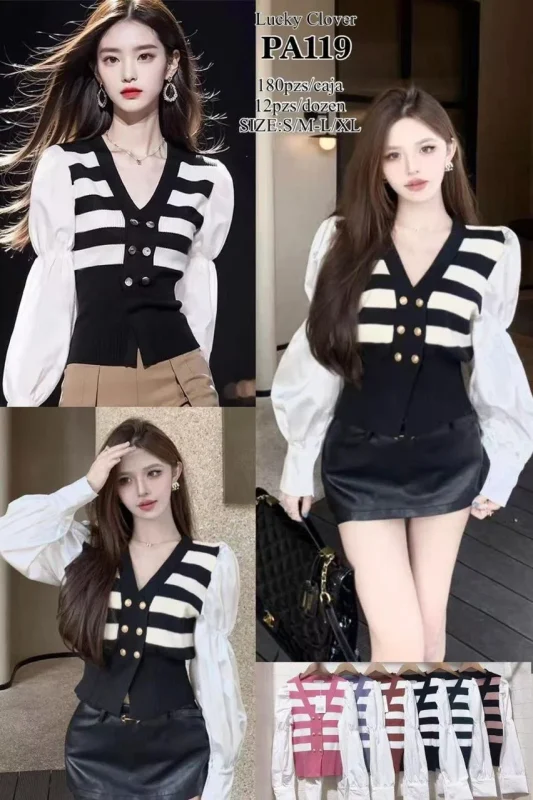 Blusa tejida a rayas con mangas abullonadas-0-PA119