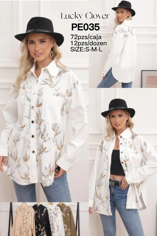 Camisa blanca estampada con brillo-PE035