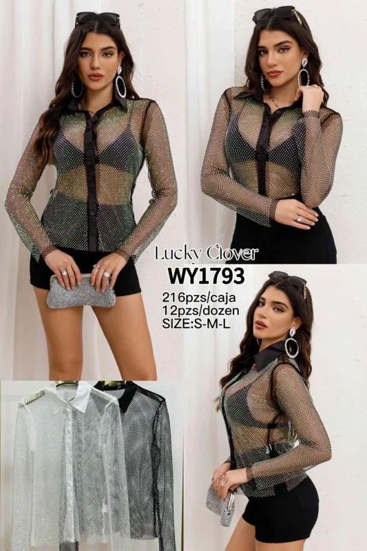 Camisa de malla con pedrería manga larga-WY1793