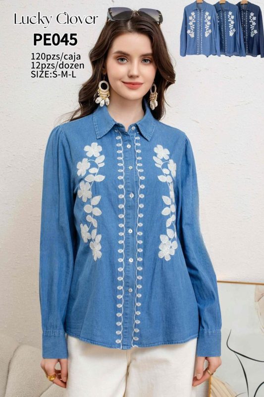 Camisa de mezclilla con bordado floral-PE045