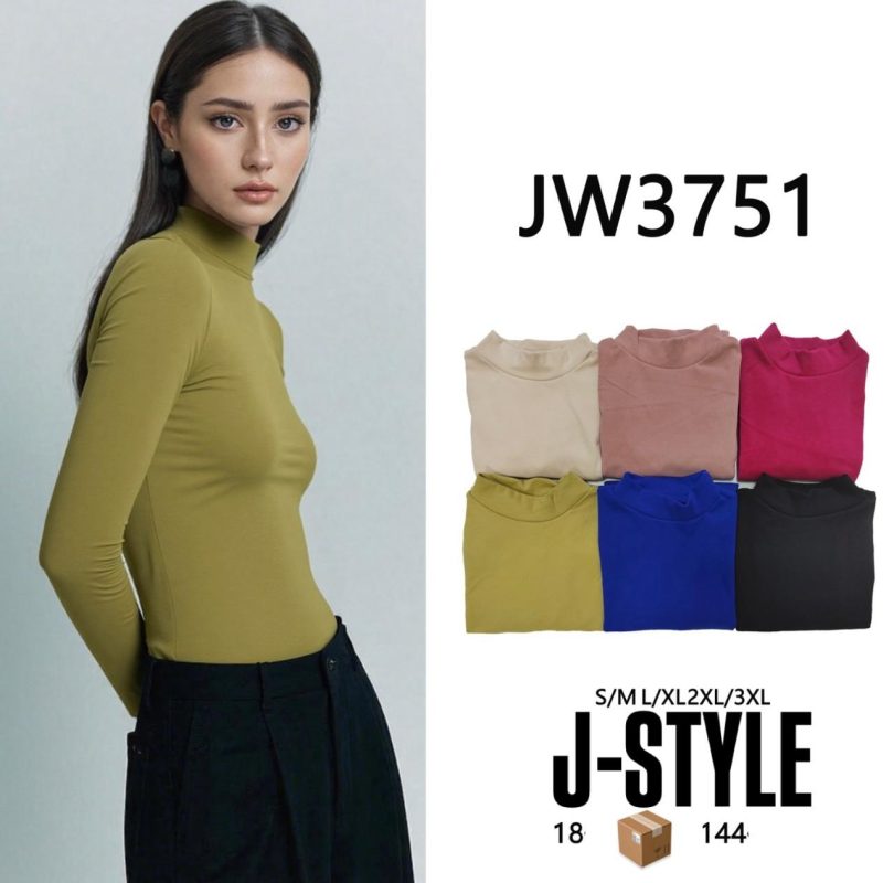 Camiseta de cuello alto manga larga para mujer-JW3751