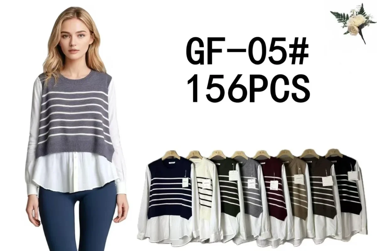Chaleco de punto a rayas con camisa para mujer-GF05