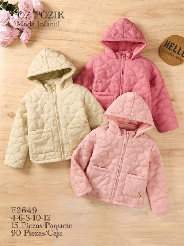 Chamarra acolchada con capucha para niña con estampado de corazones-F2649