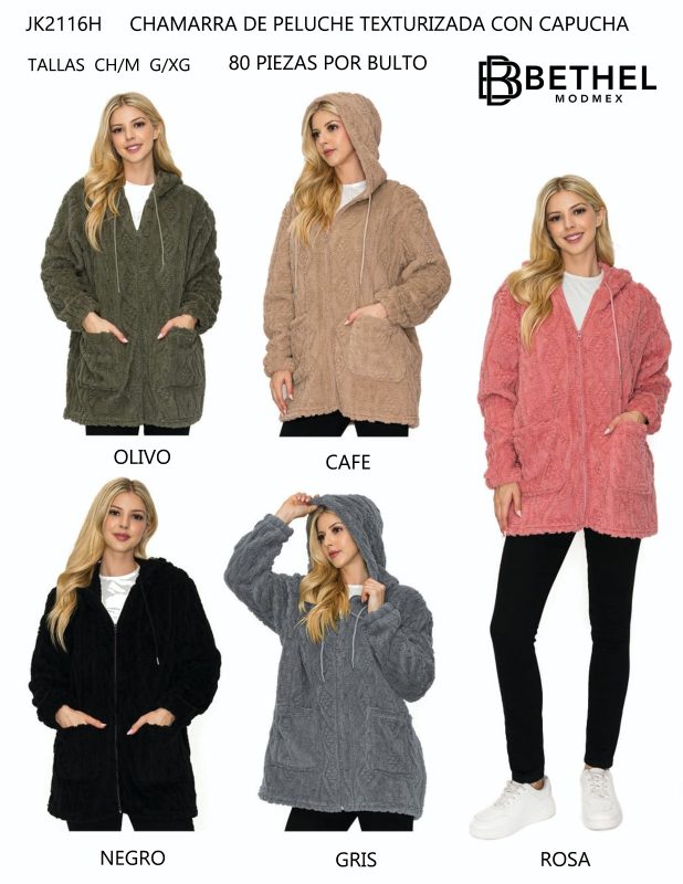 Chamarra de peluche texturizada con capucha-JK2116H