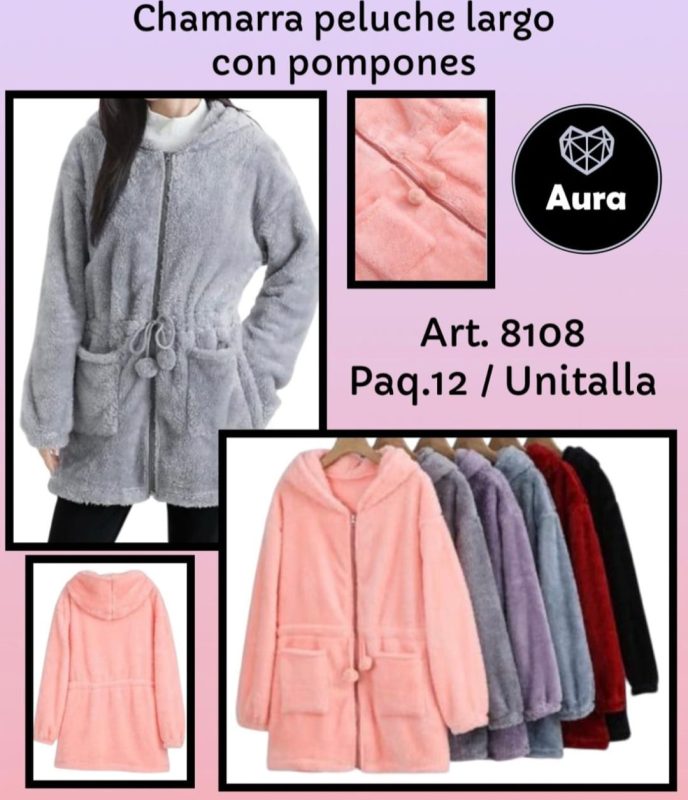 Chamarra peluche largo con pompones-8108
