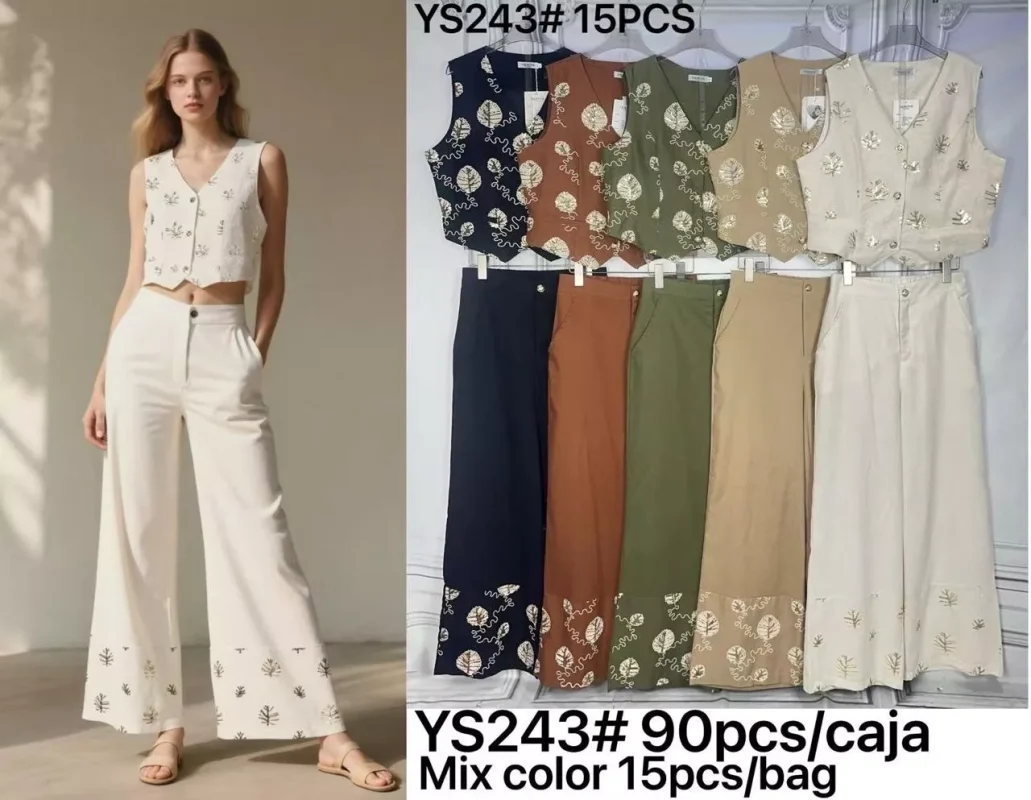 Conjunto de chaleco y pantalón bordado para mujer-YS243