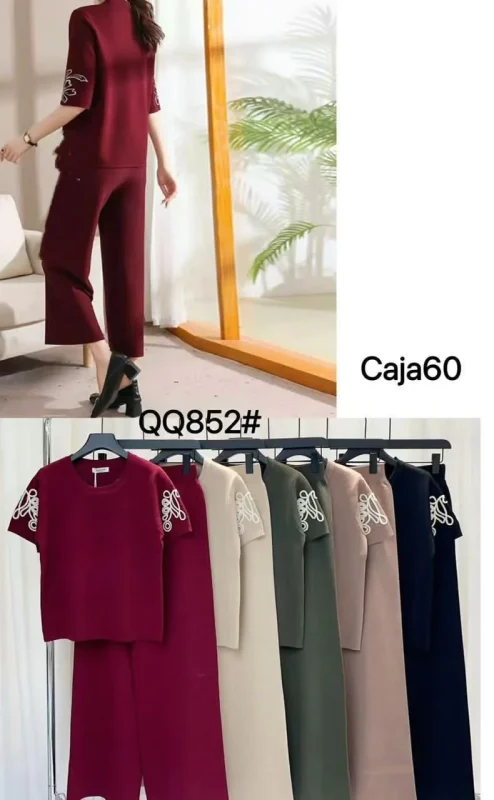 Conjunto de blusa manga corta con adorno y pantalón-QQ852