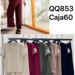 Conjunto de blusa y pantalón con bordado floral en la manga-QQ853 - 2