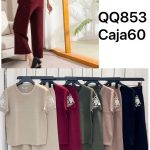 Conjunto de blusa y pantalón con bordado floral en la manga-QQ853 - 1