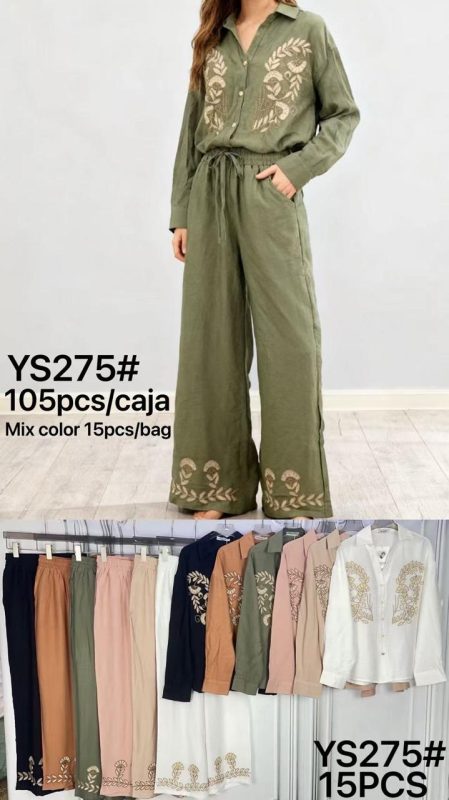 Conjunto de camisa y pantalón bordado para mujer-YS275