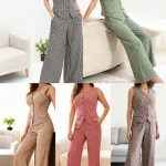 Conjunto de chaleco y pantalón acampanado a cuadros para mujer-YS1068 - 1