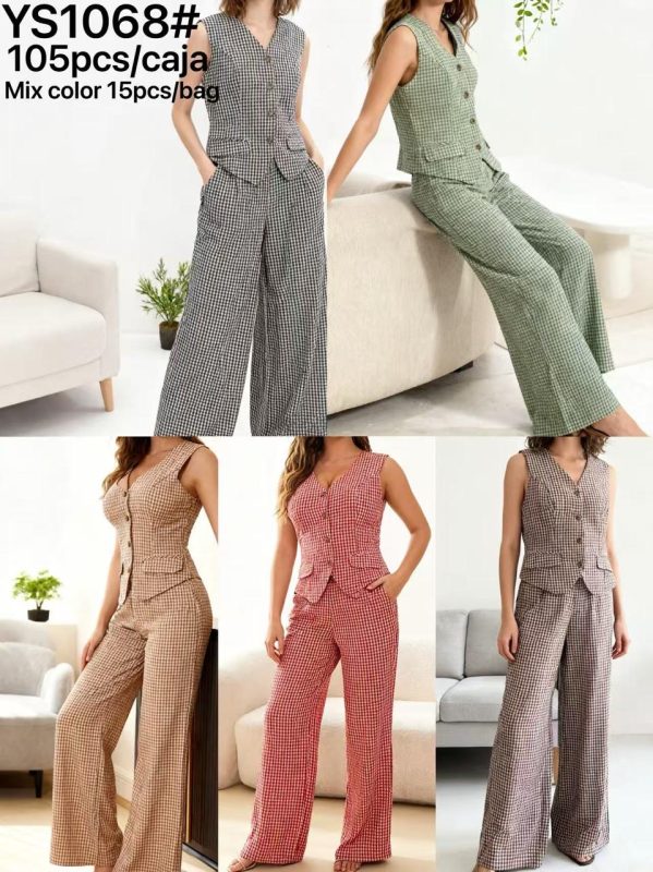 Conjunto de chaleco y pantalón acampanado a cuadros para mujer-YS1068