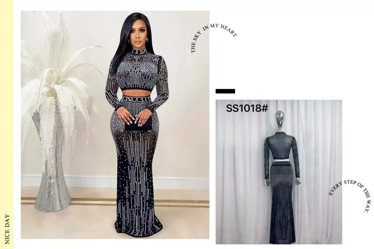 Conjunto de crop top y falda larga con pedrería-SS1018