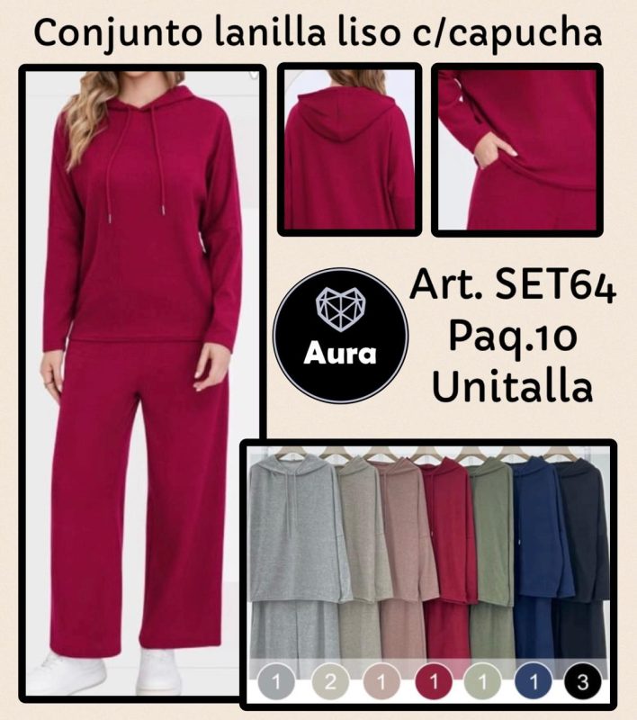 Conjunto de lanilla liso con capucha-SET64