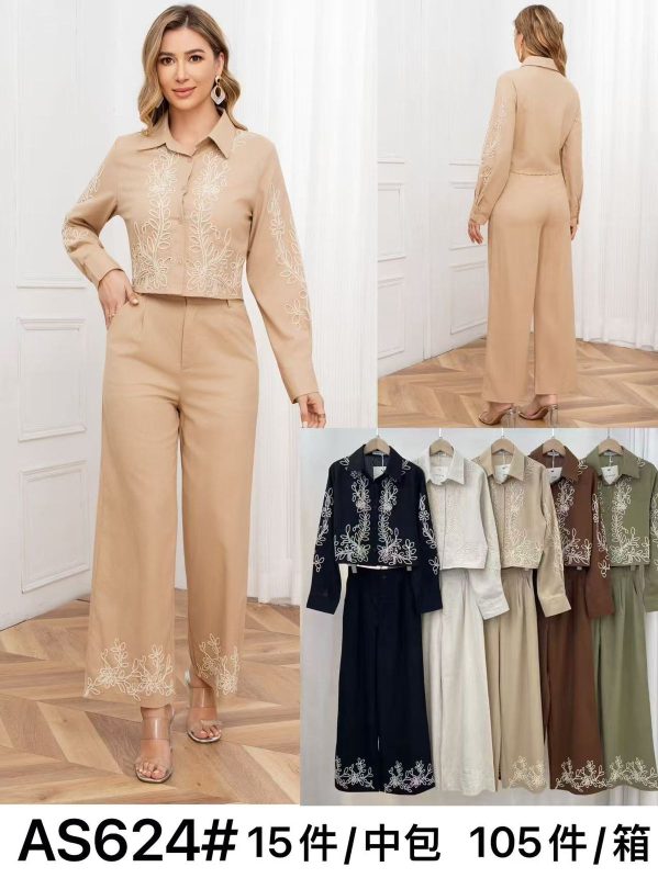 Conjunto de pantalón y camisa con bordado floral-AS624