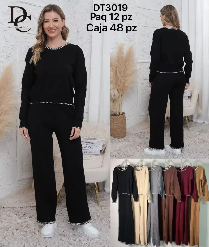Conjunto de pantalón y suéter con detalle en cuello y orilla-DT3019
