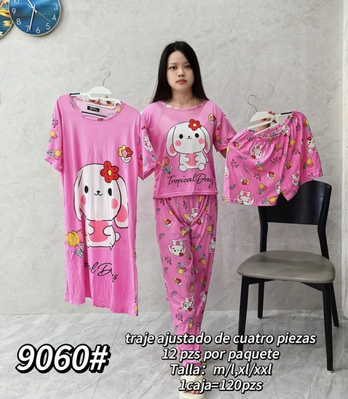 Conjunto de pijama de 4 piezas con estampado de conejo-9060
