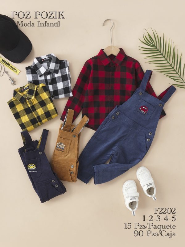 Conjunto de ropa infantil con camisa a cuadros y overol-F2202