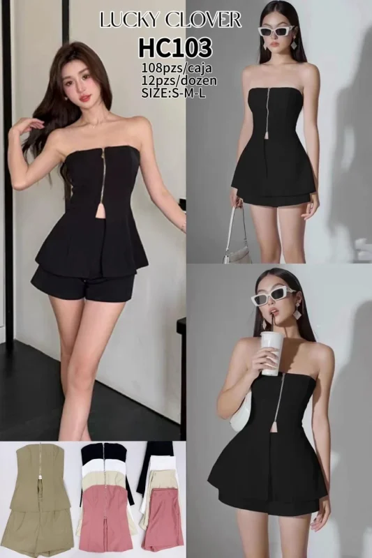 Conjunto de top strapless con cremallera y shorts-HC103