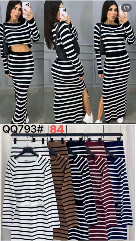 Conjunto de falda y blusa a rayas-QQ793