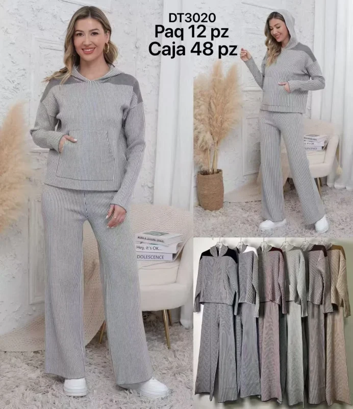 Conjunto deportivo de dos piezas a rayas con capucha para mujer-DT3020