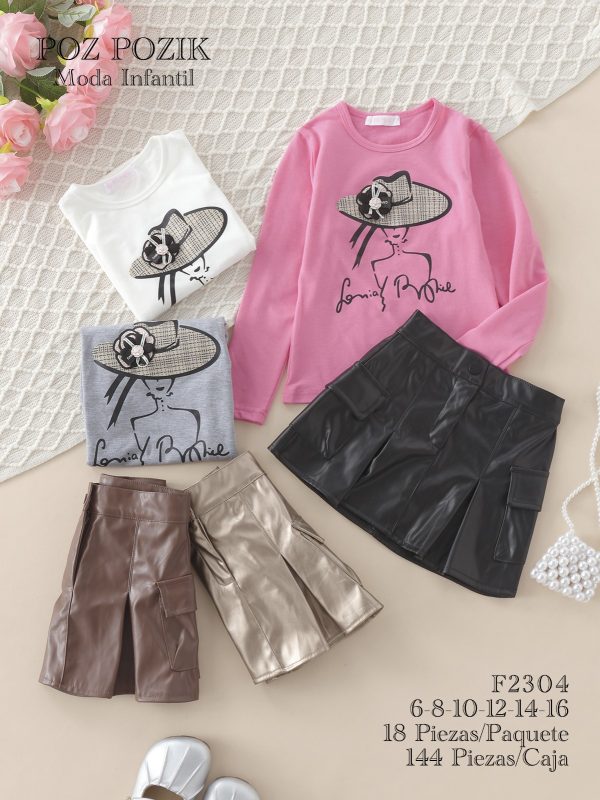 Conjunto infantil con camiseta estampada y falda-F2304