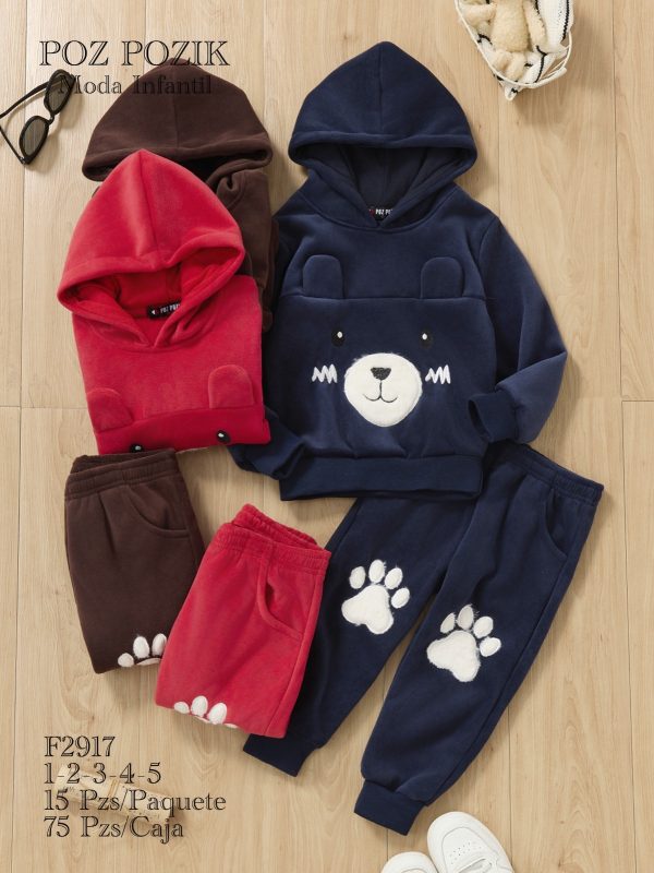 Conjunto infantil de sudadera  de oso y huellas-F2917