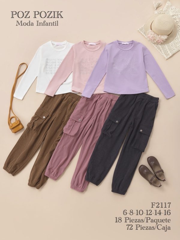 Conjunto infantil pantalón cargo y camiseta manga larga-F2117