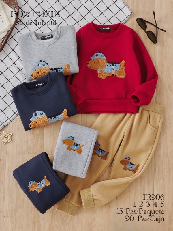 Conjunto infantil sudadera y pantalón con bordado de perro-F2906