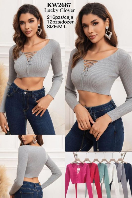 Crop Top Manga Larga Entrelazado-KW2687