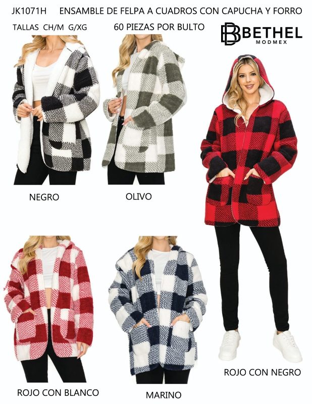 Ensable de felpa a cuadros con capucha y forro-JK1071H