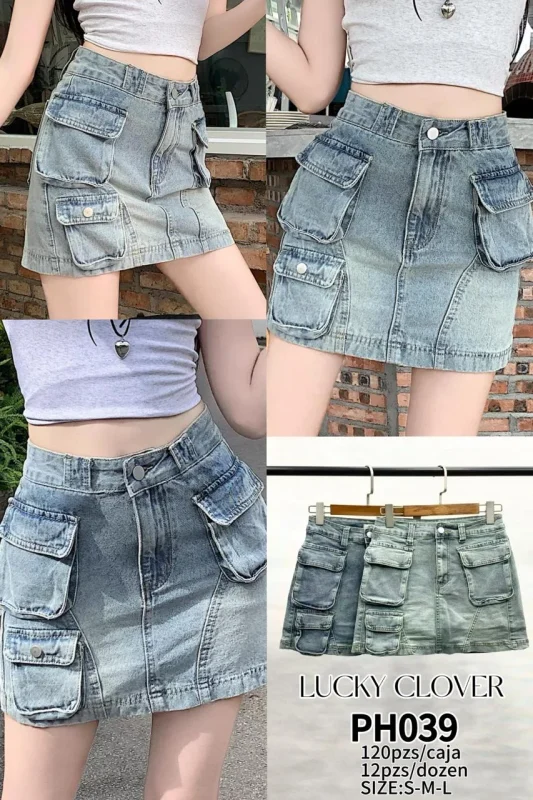 Falda denim con bolsillos cargo-PH039