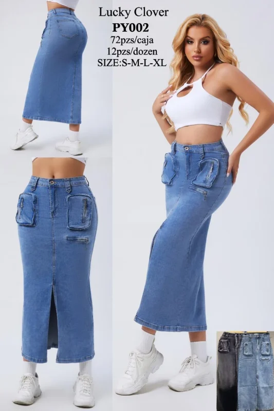 Falda larga de mezclilla con bolsillos-PY002