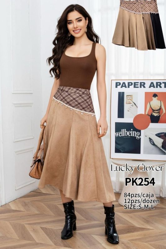 Falda midi acampanada con cinturón a cuadros-PK254