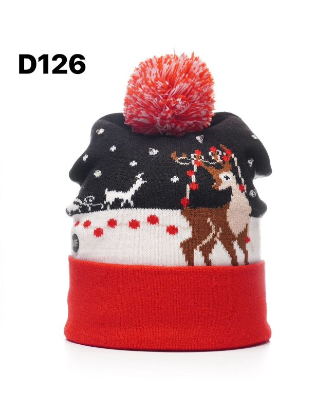 Gorro Navideño con diseño de renos y pompón-D126