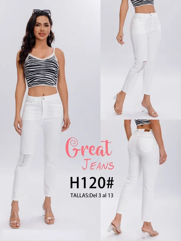 Jeans blancos rasgados para mujer-H120#