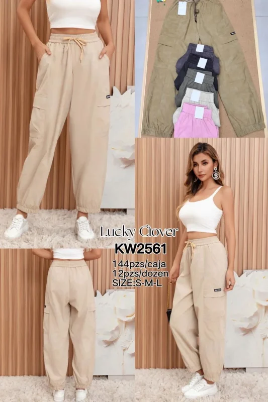 Pantalón cargo beige con elástico en la cintura y tobillos-KW2561