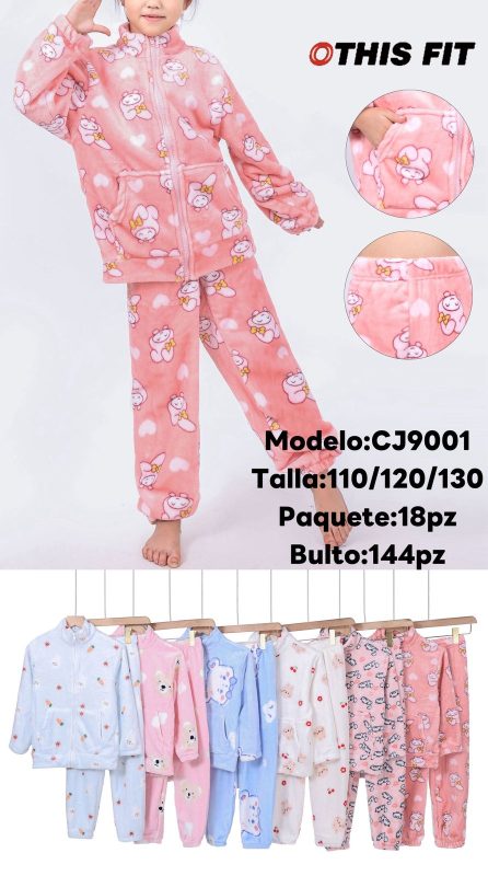 Pijama afelpada de dos piezas con estampado para niña-CJ9001