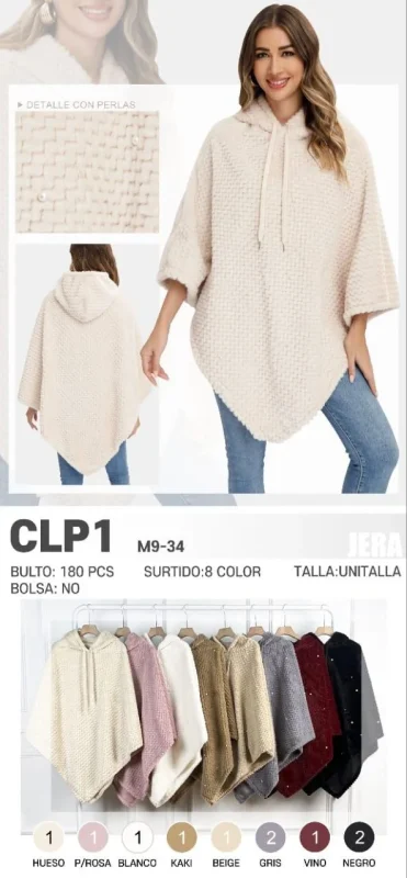 Poncho con capucha y perlas-CLP1