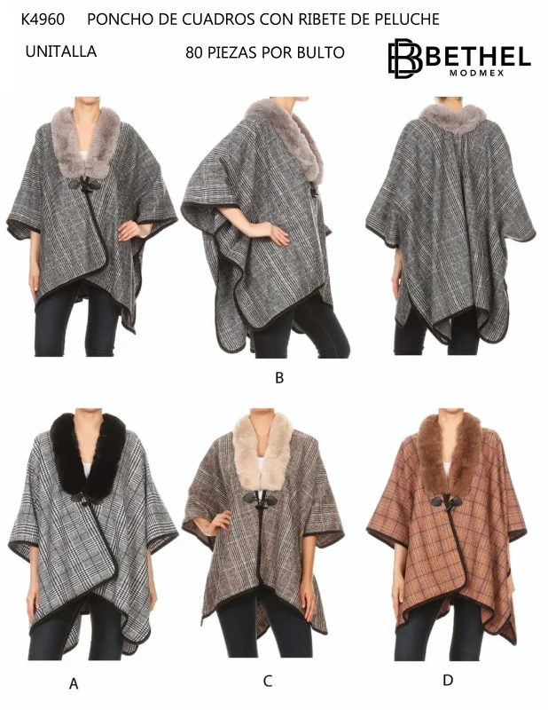 Poncho de cuadros con ribete de peluche-K4960