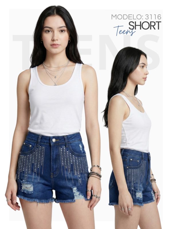 Short de mezclilla con detalles brillantes-3116
