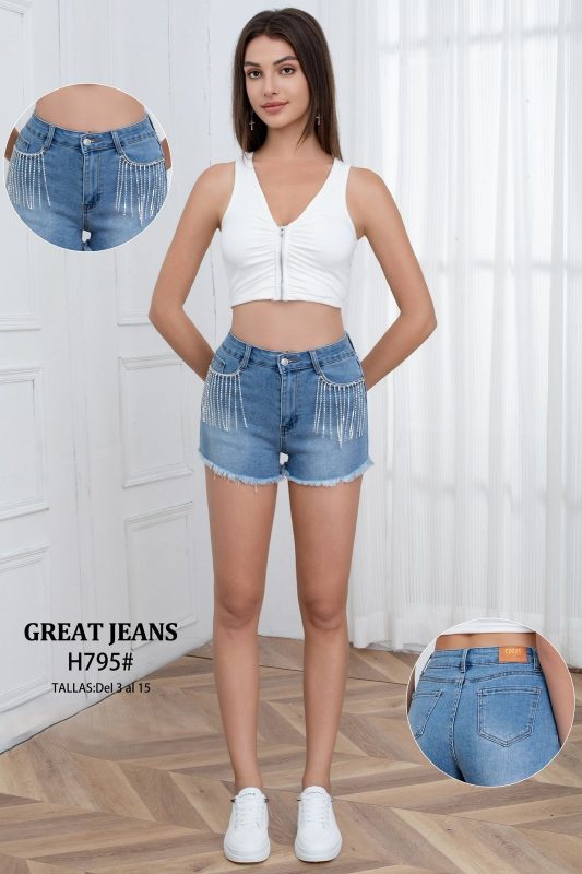 Short de mezclilla con flecos de pedrería-H795