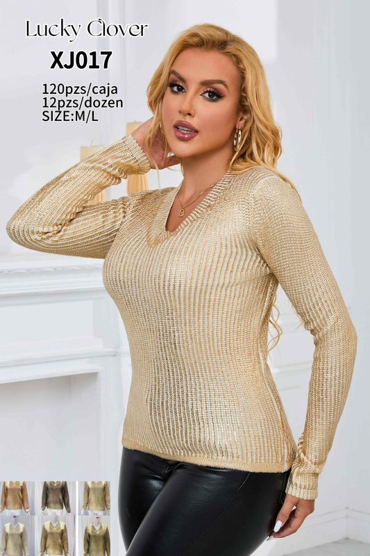 Suéter de punto acanalado con cuello en V-XJ017