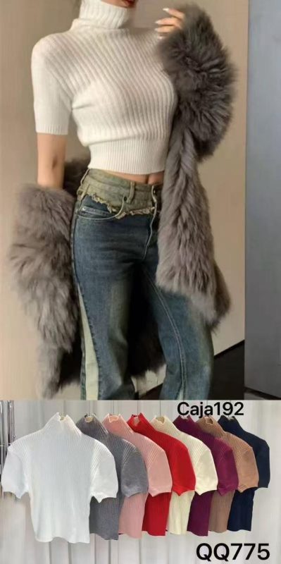 Top de punto con cuello alto y manga corta-QQ775